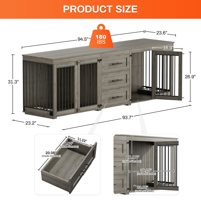 Cage pour chien en bois avec 3 tiroirs et 2 bols pour chien, Gris