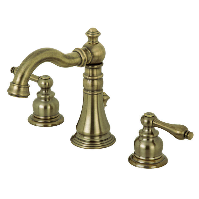 Kingston Brass English Classic Two-Handle 3-Hole Deck Mount Widespread Bathroom Faucet with Pop-Up Drain, Vintage Brass