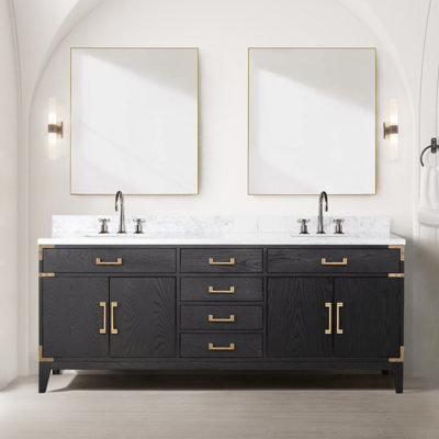 Black Oak Double Bath Vanity 80 In. W X 22 In. D, Carrara Marble Top, And Faucet Set