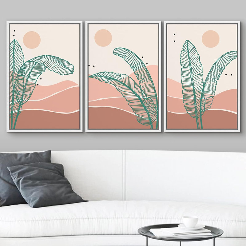 " Pastel Tropical Banana Leaf Desert Abstract Nature Modern Art Decor Panorama Pictures " 3 - Pieces, Blanc