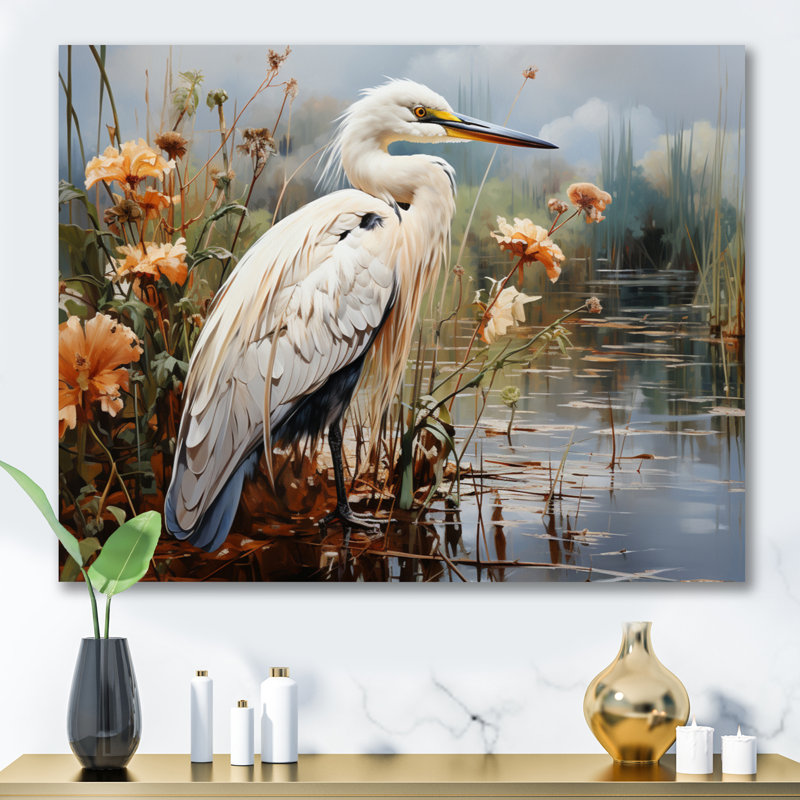 Héron pêche blanc, héron, art mural, Toile tendue, H 30 po x l 40 po x P 1,5 po