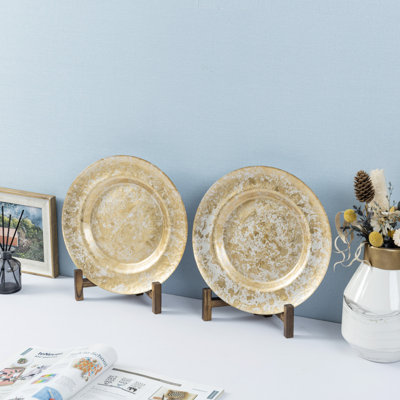 2 Piece Brown Wood Plate Display Stands