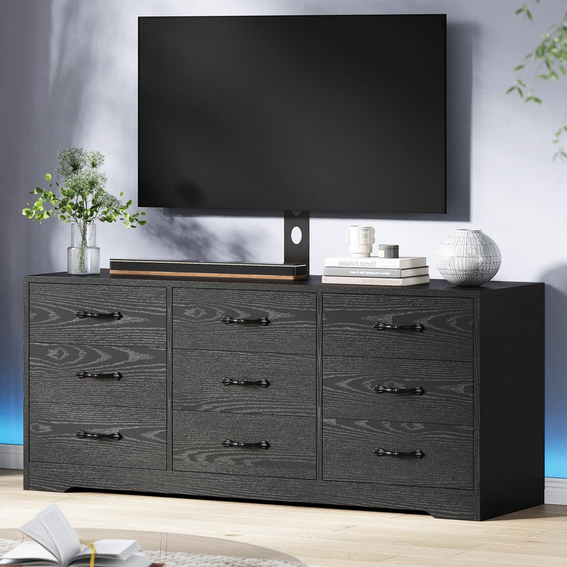 Meuble télé de 55 pouces avec 9 tiroirs de rangement et support télé ajustable, Noir