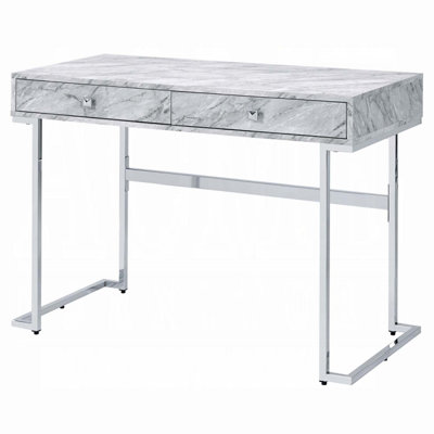 Bureau d'écriture Tigress, plateau en faux marbre blanc et finition chromée