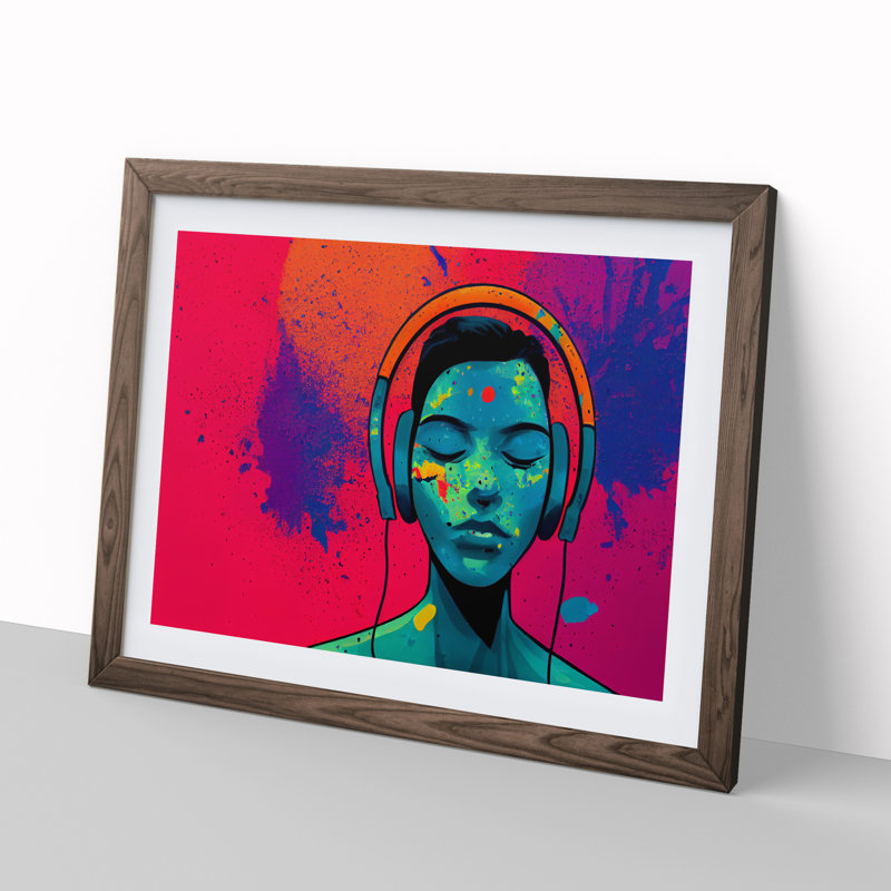 Man With Headphones Abstract - Single Picture Frame Painting, 34cm H x 46cm W x 2cm D, Walnut