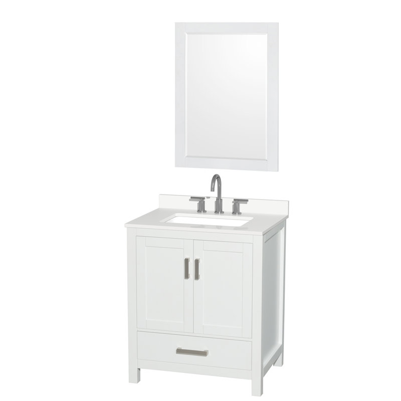 Ensemble de meuble-lavabo simple autoportant 30 po avec plateau en quartz Sheffield et miroir 24 po, Quartz blanc, Blanc