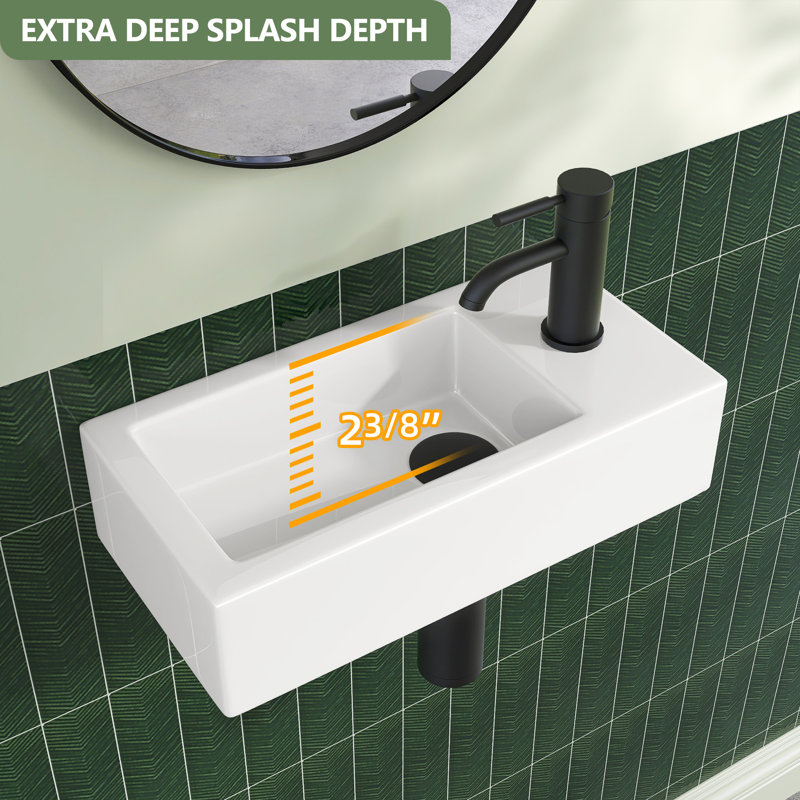 14,6 po x 7 po x 3,5 po Petit lavabo mural rectangulaire en céramique à fixation murale avec robinet à droite en blanc