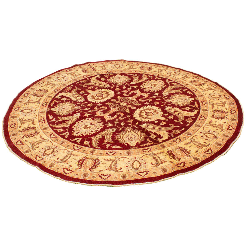 Tapis décoratif de laine ronde rouge foncé/beige à motif de laine ronde de conception unique noué à la main new age chobi