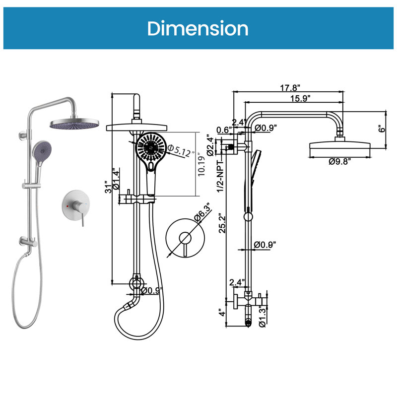 Wall Mounted Exposed Shower Faucet With Anti-Scald Pressure Balance Valve