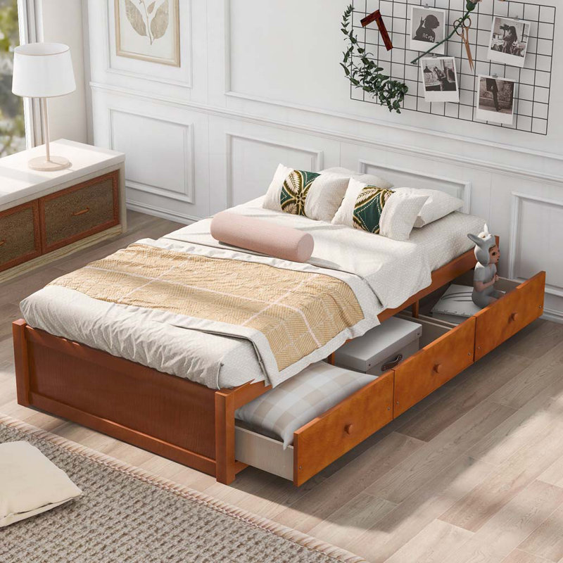 Platform Storage Bed with 3 Drawers, Oak