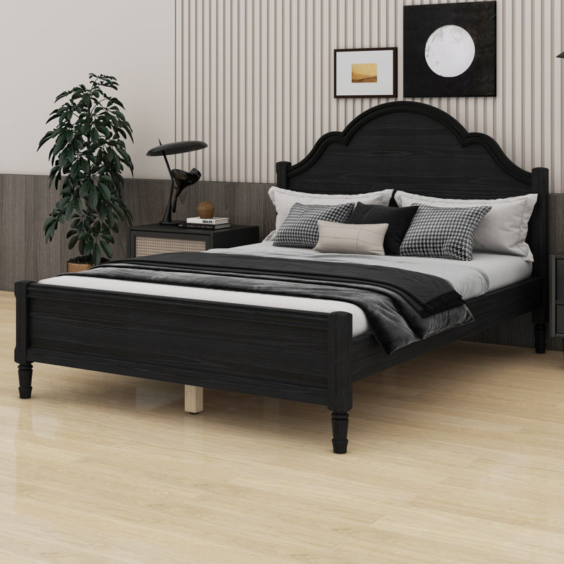 Lit plateforme simple en bois avec tête et pied de lit, aucun sommier nécessaire, Queen, Black