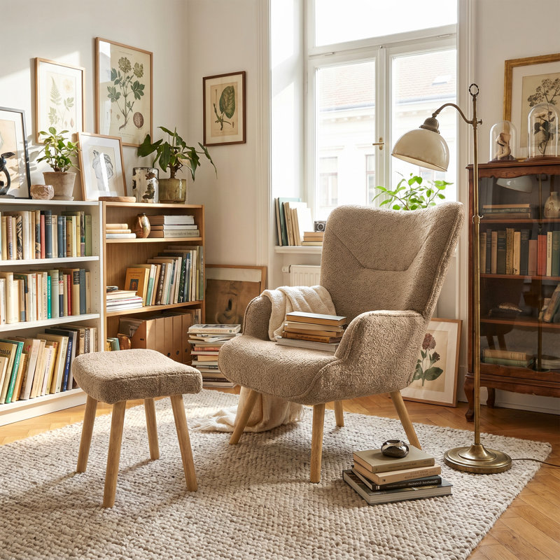 Upholstered With Footstool Armchair, Brown Teddy
