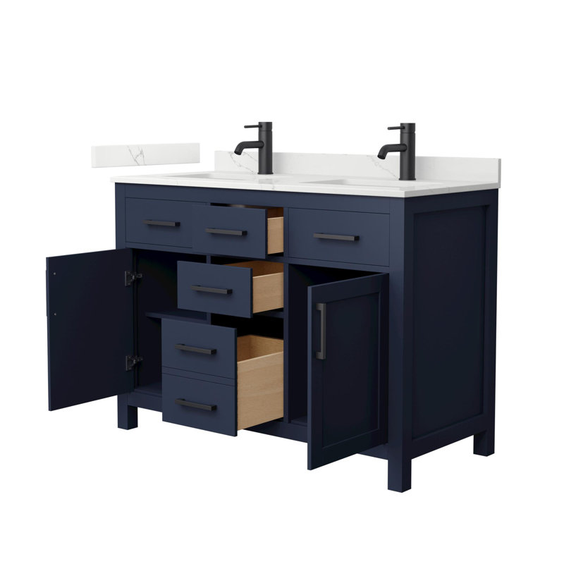 Meuble-lavabo double autoportant 48 po avec plateau en quartz Beckett, Bleu très foncé, Noir mat, Quartz Giotto