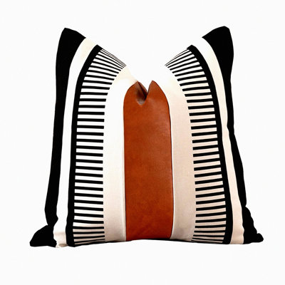Tribal Stripe Boho Leather Accent Pillow Cover - Farmhouse Decorative Square Cushion Case for Sofa Couch, Black