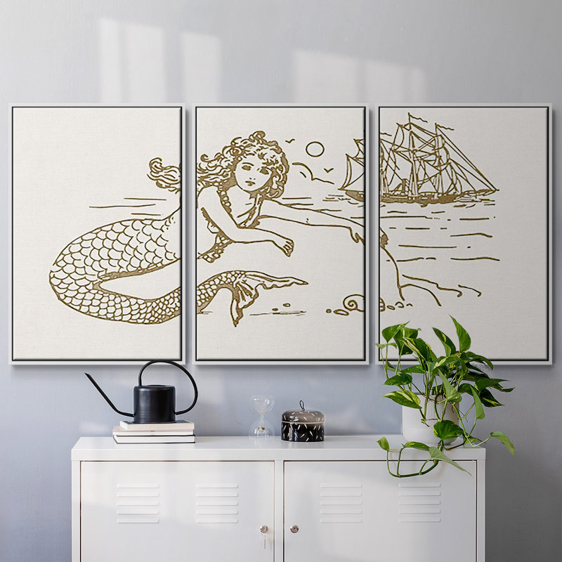 Sunning Mermaid I, reproduction encadrée sur toile 3 pièces, H 24 po x l 48 po x P 2 po, Blanc