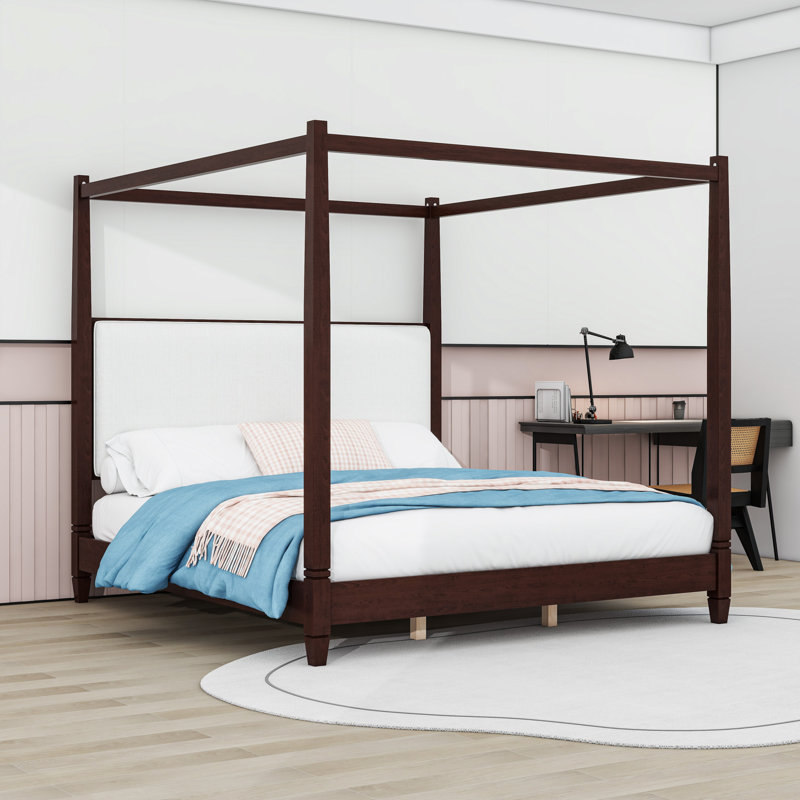 Lit à baldaquin moderne en bois avec tête de lit, Très grand lit, Espresso