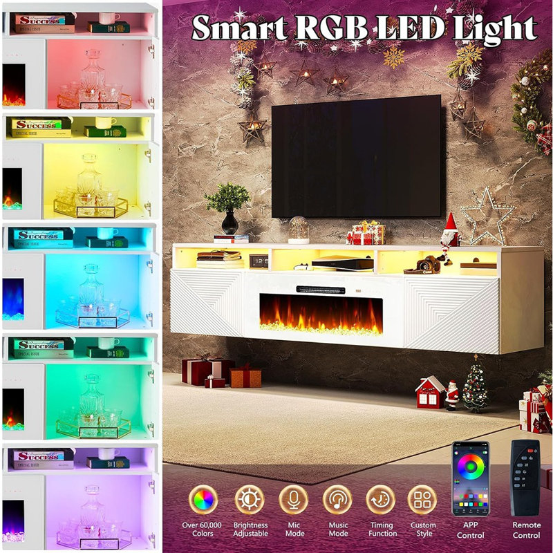 Floating Fireplace TV Stand, White – 36" Electric Fireplace With LED Lights, Wall-Mounted Entertainment Center With Storage For Tvs Up To 80"