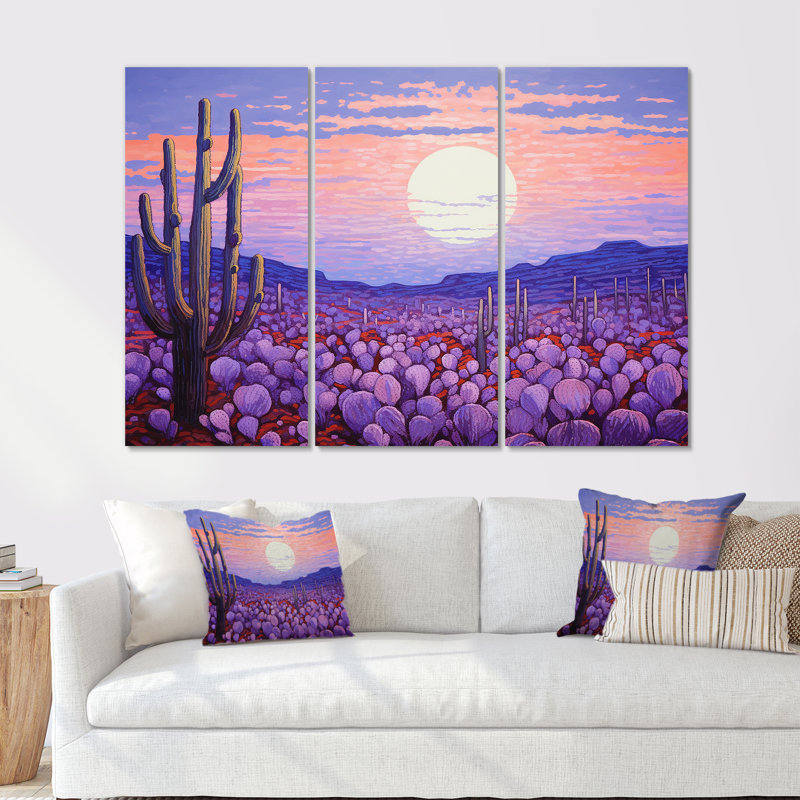 Cactus lavande paysage - ensemble d'art mural sur toile cactus floral, Toile tendue, H 28 po x l 36 po x P 1 po
