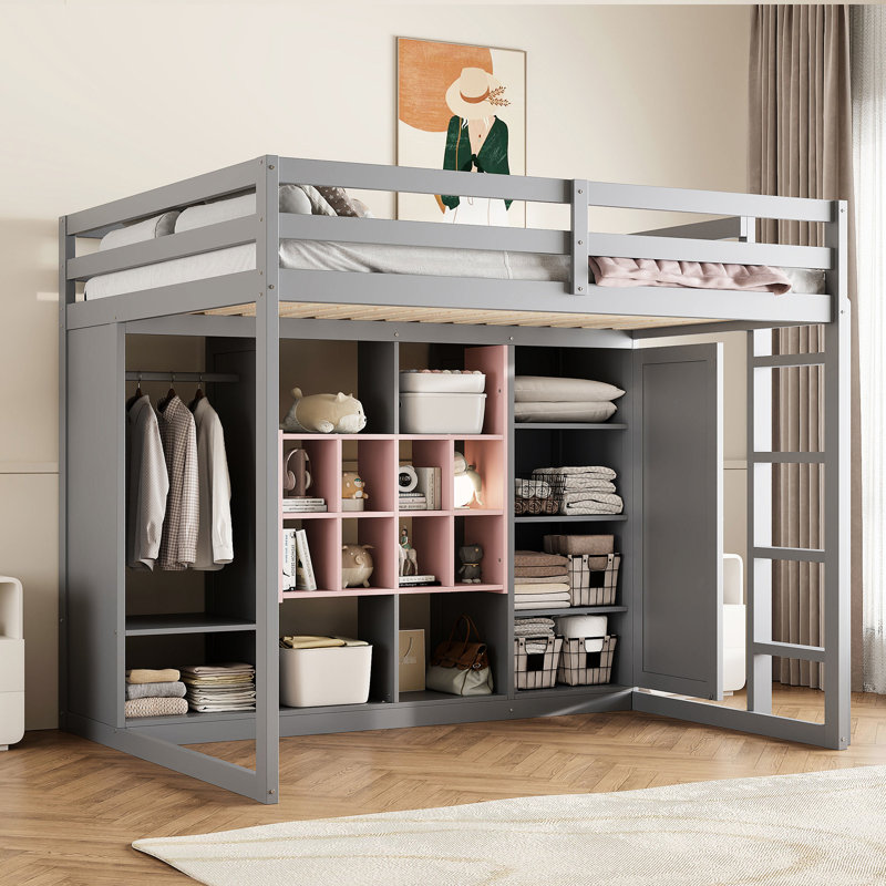Lit mezzanine double en bois massif gris et rose, rangement intelligent pour les petits espaces, garde-corps de longueur, escalier réversible, lit de 65 po de hauteur en gris et rose, structure et coffre-fort pour adolescents, tablettes de garde-robe ouvertes