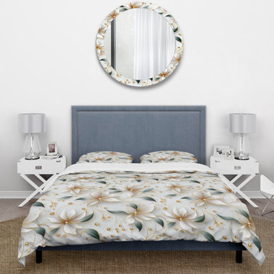 Glamorous Gold And White Marble Pearl Opulence Box Stitch Floral Duvet Cover