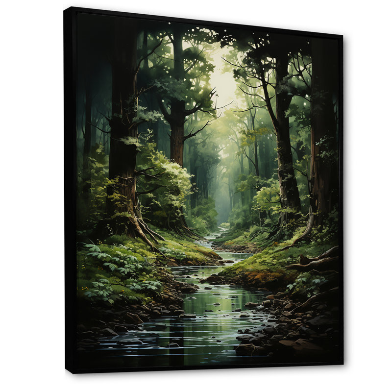 Rivière dans un bois enchanté I - forêt, art mural, H 32 po x l 24 po x P 1 po, Cadre flottant noir