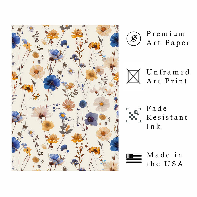 «Botanical Fall Wildflowers Pattern IV Cottage», reproduction d'art non encadrée, H 20 po x l 16 po
