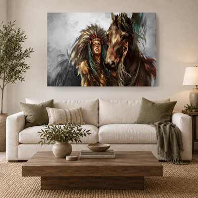 Native American Woman and Horse Canvas Wall Art – Western Print