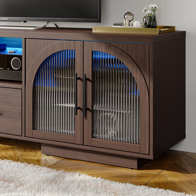 Kadro 70" Tv Stand For 80 Inch Tvs Entertainment Center With Led Lights And Arched Glass Doors Wood Finish Adjustable Shelves Modern Tv Cabinet For Living Room