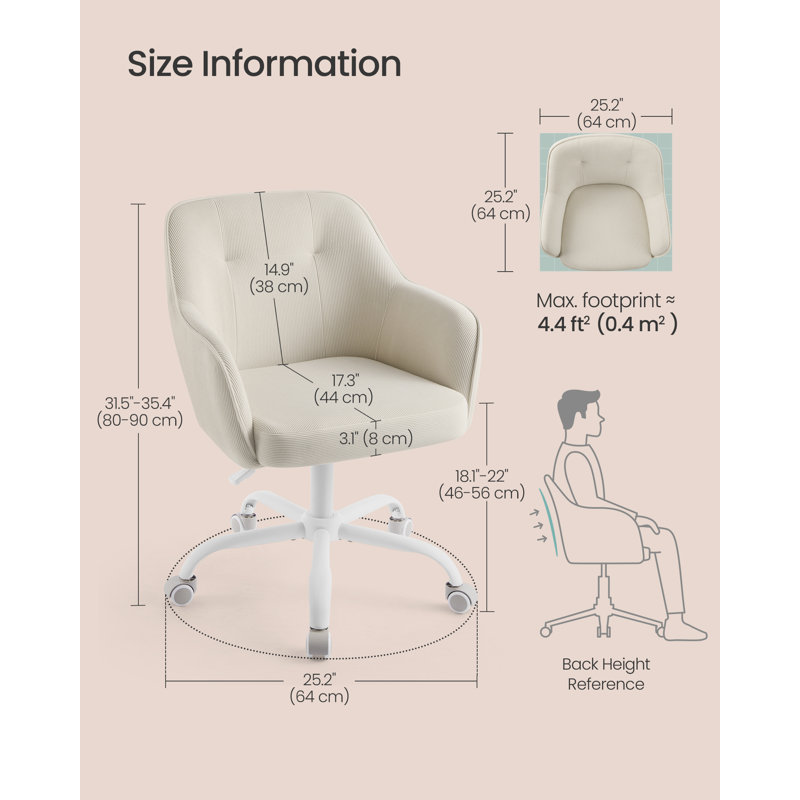 Office Chair, Swivel Desk Chair, For Makeup Vanity, Adjustable Height, Armrests, 110 Kg Load, Corduroy Fabric, Office, Study, Bedroom, Sand Beige