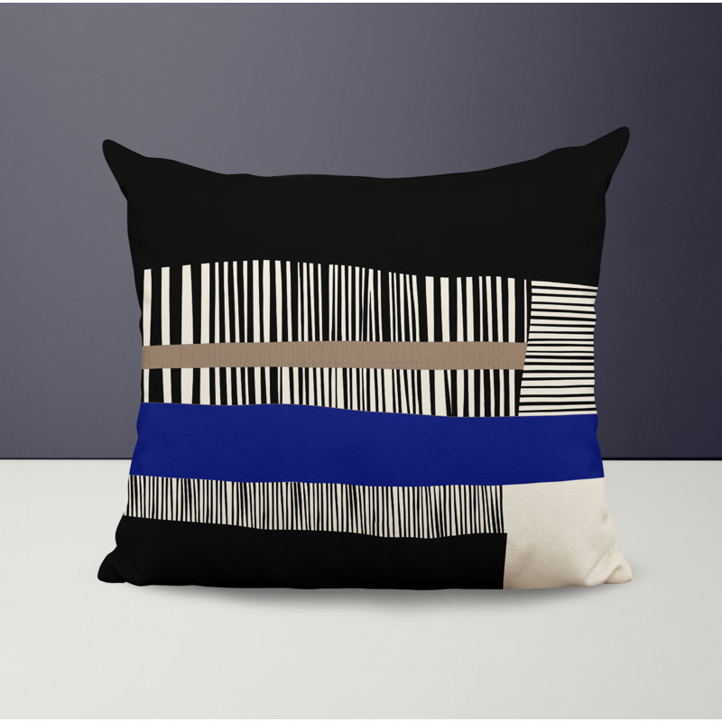 Jeté carré / extérieur en polyester Chamu, 16 po x 16 po, Bleu marine/noir