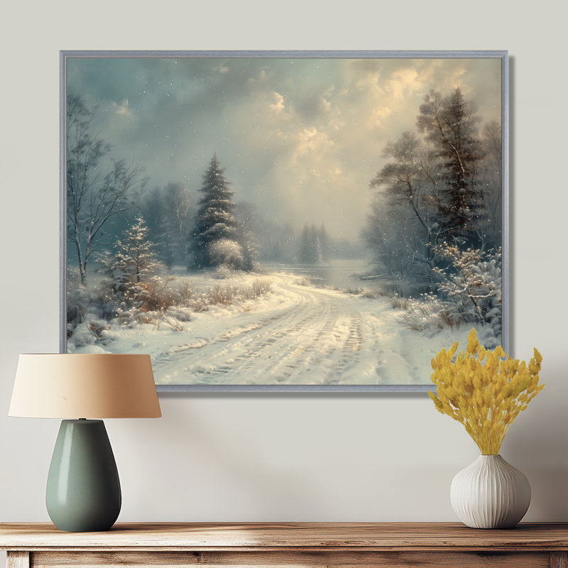 «White Grey Winter route into forest III - Winter Landscape», art mural sur toile, H 30 po x l 40 po, Encadrement argenté