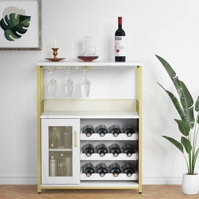 Armoire à vin avec éclairage à DEL, buffet de café moderne, armoire à boissons en bois avec porte-verre et tablettes réglables, armoire à vin et verres à vin