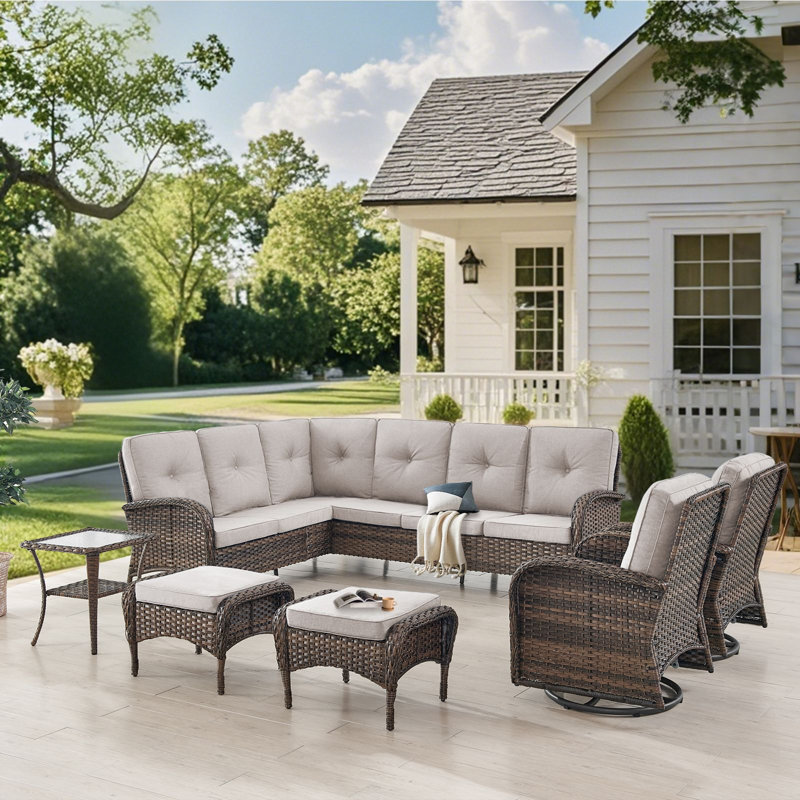 Valierius L-Shaped Outdoor Sectional Sofa Set With Swivel Chairs, Perfect For Patios & Gardens, Beige