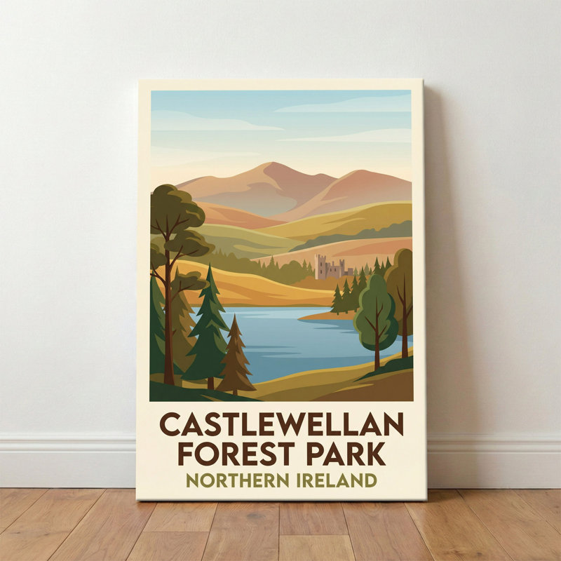 Castlewellan Forest Park, Northern Ireland - Romantic Woodland Lake Travel Poster. Giclee Print On Wrapped Canvas. Wall Art, Home Decor - Parks & Gardens, Northern Ireland - Wrapped Canvas Print