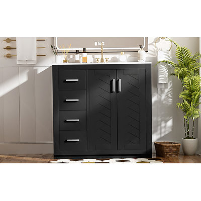 Ensemble de meuble-lavabo 36 po avec lavabo en céramique, armoire de rangement à cadre en bois massif, ensemble autoportant avec 3 tiroirs et portes à fermeture douce