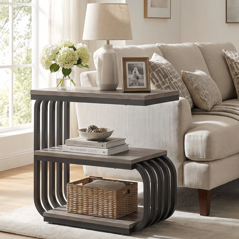 C-Shaped Side Table, 3-Tier Narrow End Table For Living Room, 1, Gray