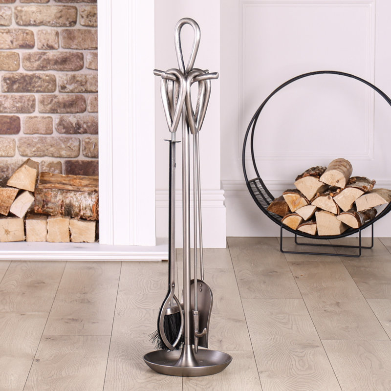 Alexeis Iron Fireplace Tool Set, Pewter Antique