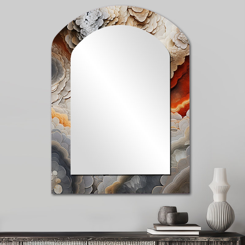 «Beige et pêche», Geode Simplicity I - miroir asymétrique à géométrie de pierre, miroir mural unique à arche beige, impression sur métal