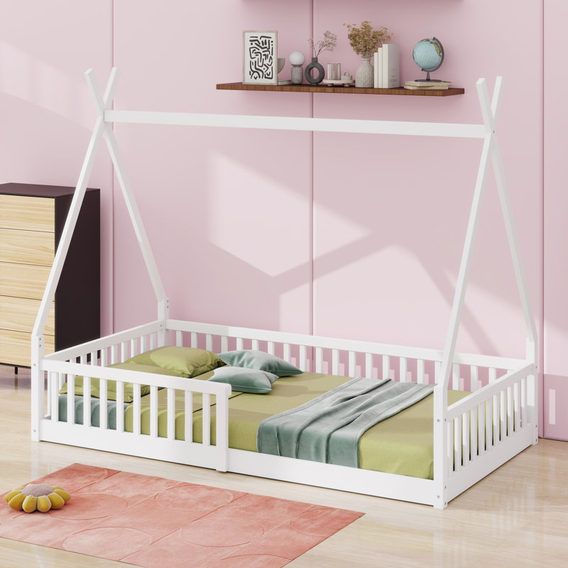 Lit en bois avec clôture, tête de lit et pied de lit, Blanc