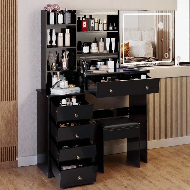 37" Vanity Table with LED Sliding Mirror & Power Station | Left Side Cabinet, Cushioned Stool, 2 AC + 2 USB Ports, Hair Dryer Stand | Tri‑Color Touch Control Makeup Dressing Set