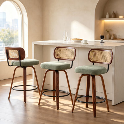 Set of 3 26 Inch Swivel Counter Bar Stools, Rattan Cane Back, Green Linen Seat with Curved Walnut Wood Legs, Mid-Century Farmhouse Kitchen Island Chairs