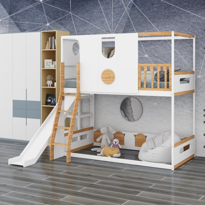 Lit mezzanine pour enfants House Kids équipé d'une glissade, d'étagères de rangement et de barrières de sécurité