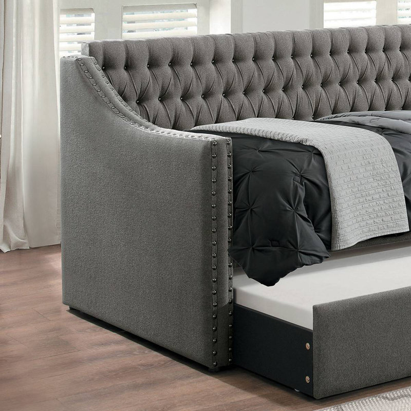 Modern Modern Design Fabric Upholstered 1Pc Sofa Bed With Trundle Button-Tufted Detail Nailhead Trim Day Bed, Dark Gray