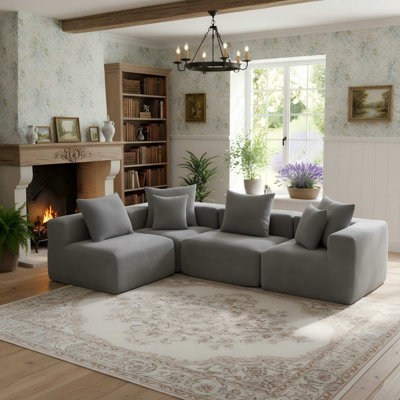 Canapé modulaire modulaire en forme de L, canapé à assise profonde en mousse et chenille texturée moelleuse, comprend 5 coussins assortis, livraison compressée, l 111 po x P 74 po x H 23,6 po - gris