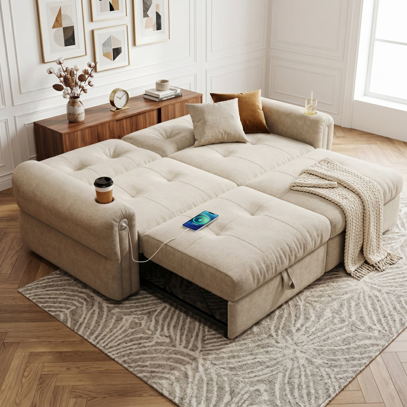 77" Upholstered Convertible Sofa Bed, Modern 2-in-1 Sleeper Sofa Couch with Sheneyron Fabric for Living Room Bedroom, Beige