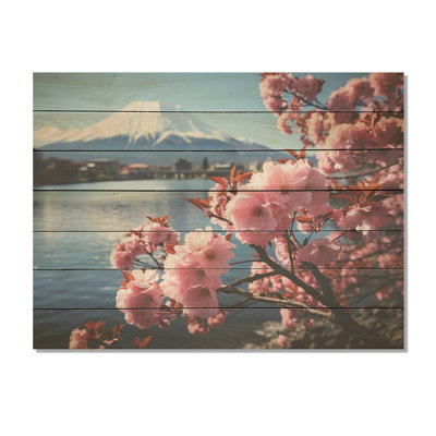Cherry Blossum Mount Fuji Reflections Japan II - Mountains On Wood Print