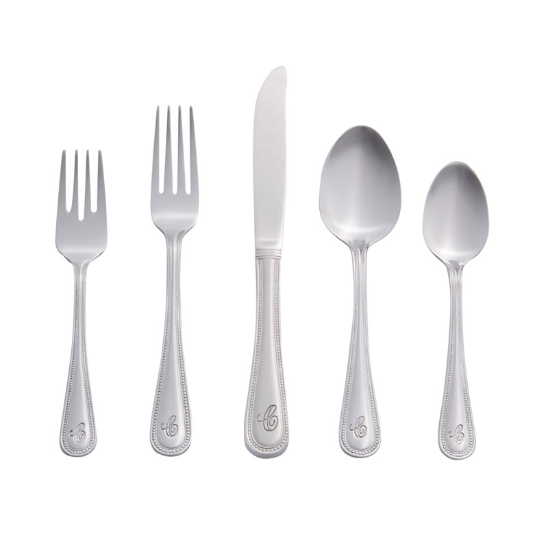 RiverRidge Beaded Flatware 46-Piece Monogrammed Stainless Steel Silverware Set for 8, C