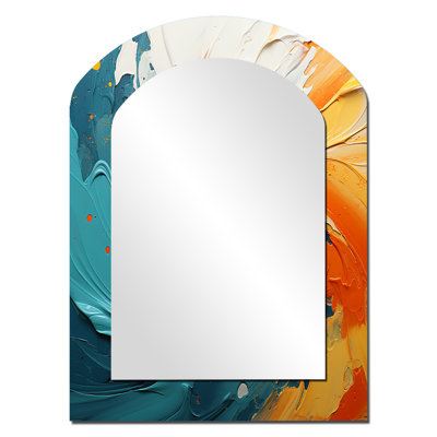 Swirling Marriage Of Electric Amber And Blue I - Large Arched Wall Mirror On Metal