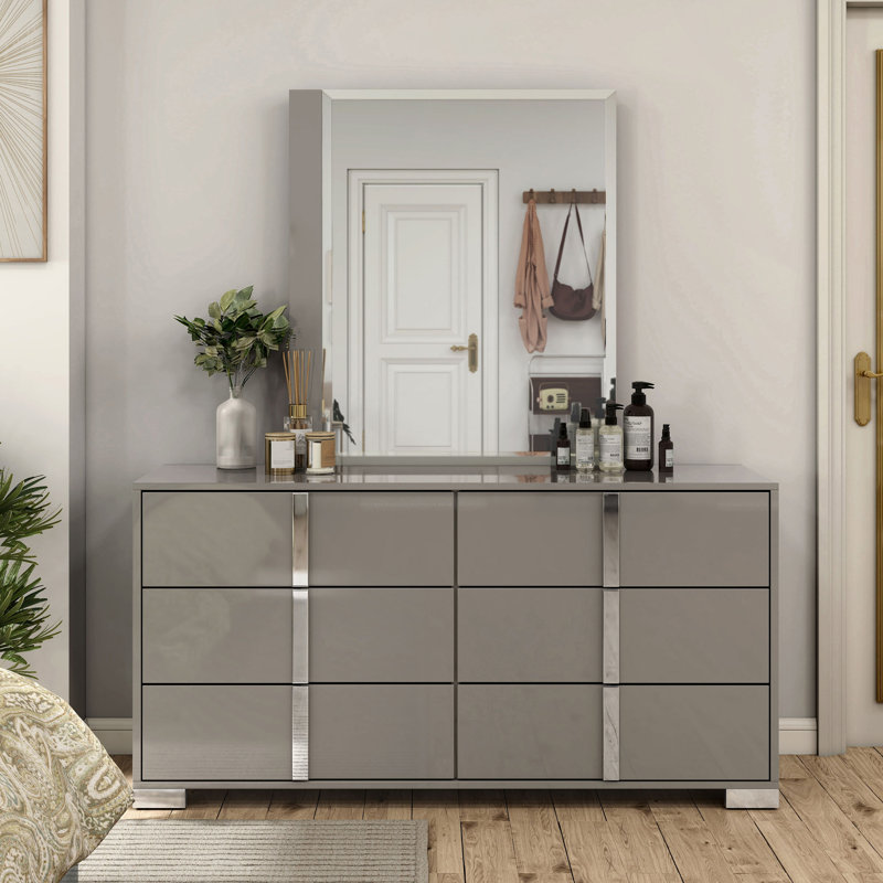 Duckworth 6-Drawer Dresser With Mirror, Taupe Gray
