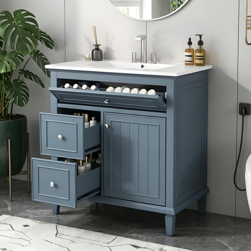 Meuble-lavabo 30 po avec lavabo, Bleu gris, Argent